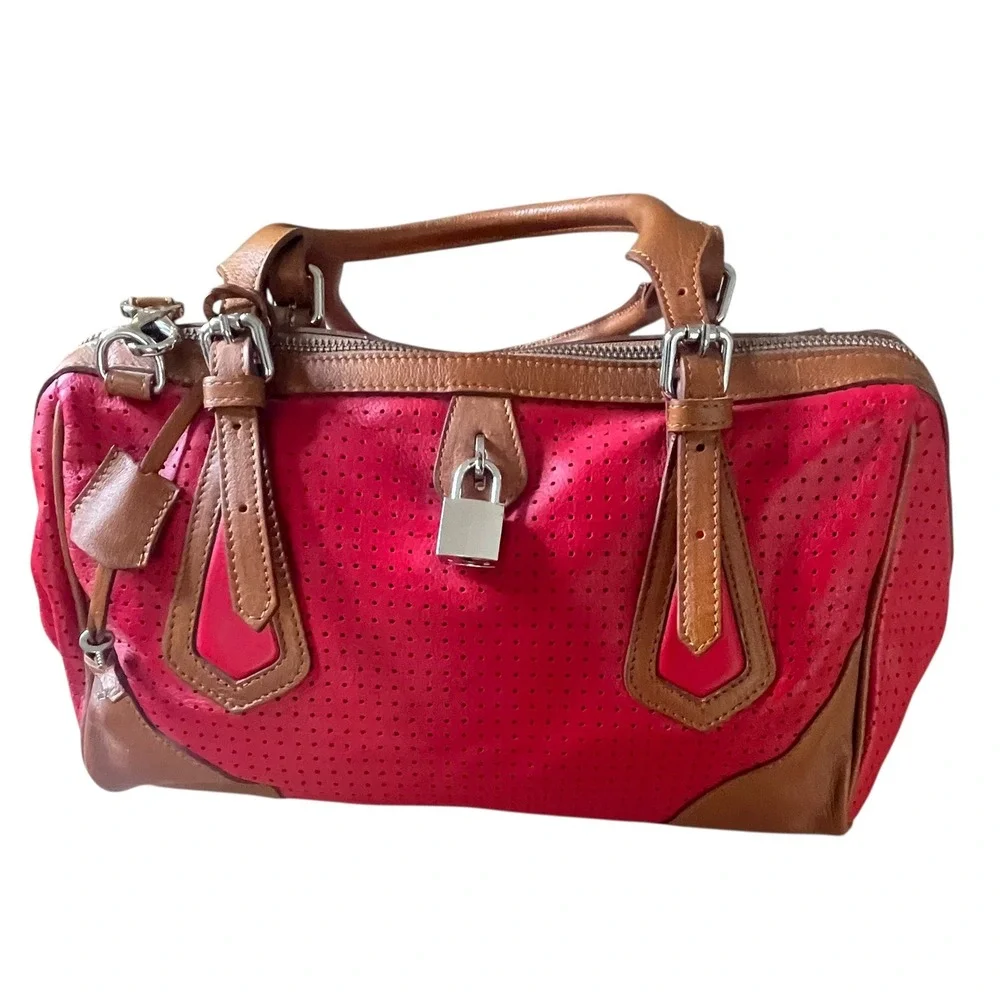 Sundance Red Perforated Leather Satchel Handbag Purse Shoulder Strap Lock Italy‎